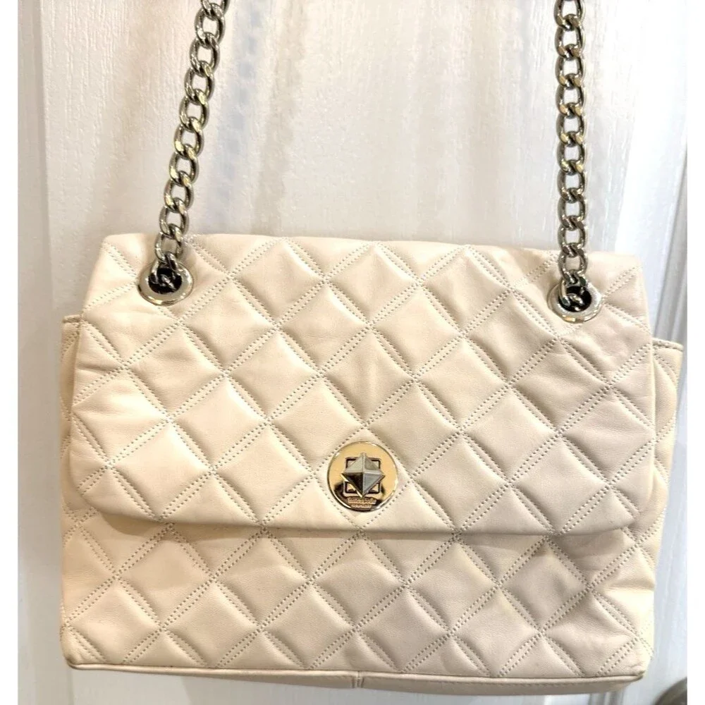 KATE SPADE Quilted Crinkle Leather Natalia Med Flap Shoulder Parchment Bone